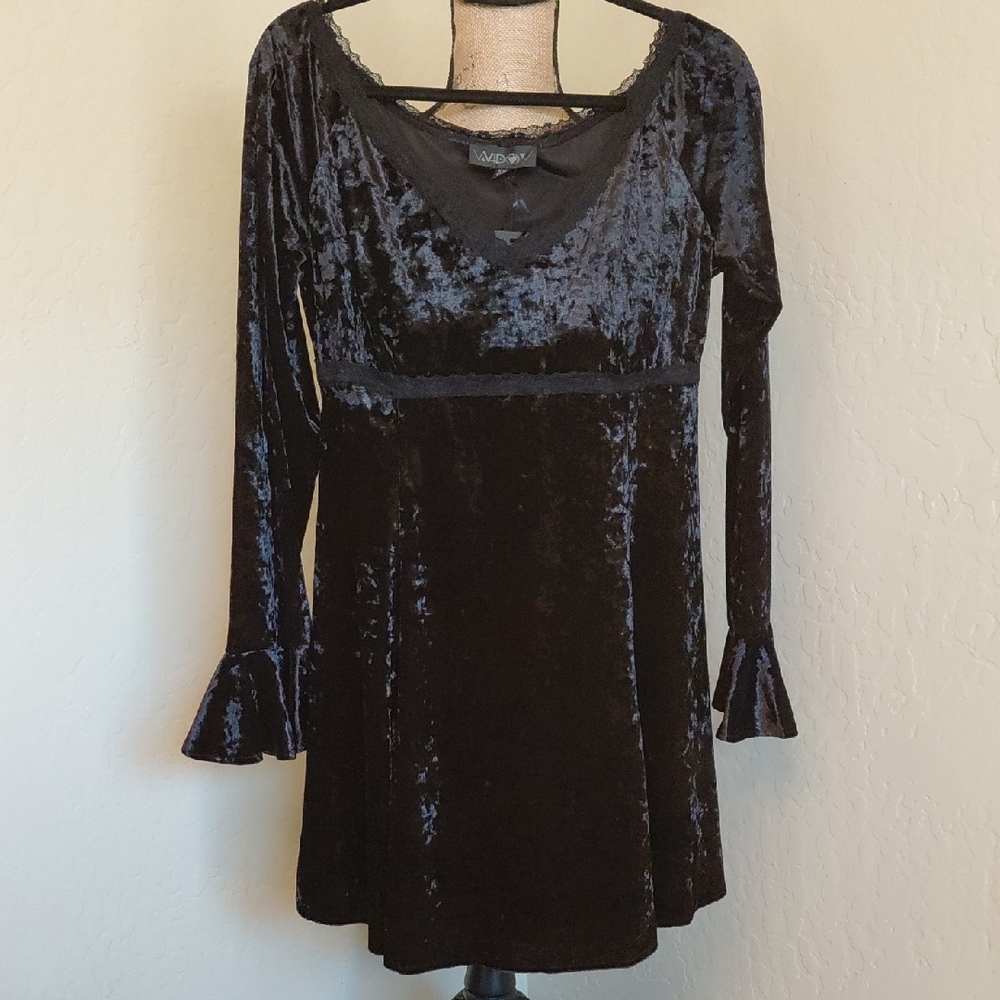 DOLLSKILL XXL WIDOW BLACK GLAMOUR SPARKS VELVET MINI DRESS LONG SLEEVES